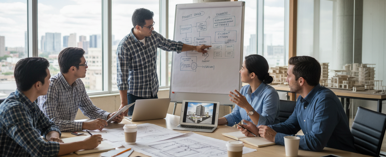 Equipo de arquitectura evaluando decisiones estratégicas antes de definir el diseño de un proyecto.