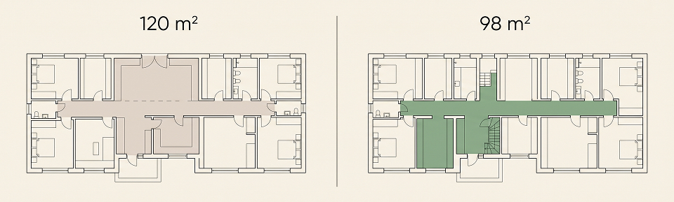 Plano comparativo de la distribución de ambientes en una casa eficiente frente a una ineficiente