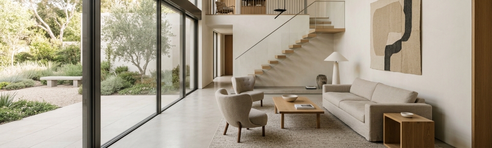 Living de una casa de lujo con diseño sobrio, materiales nobles y proporciones equilibradas
