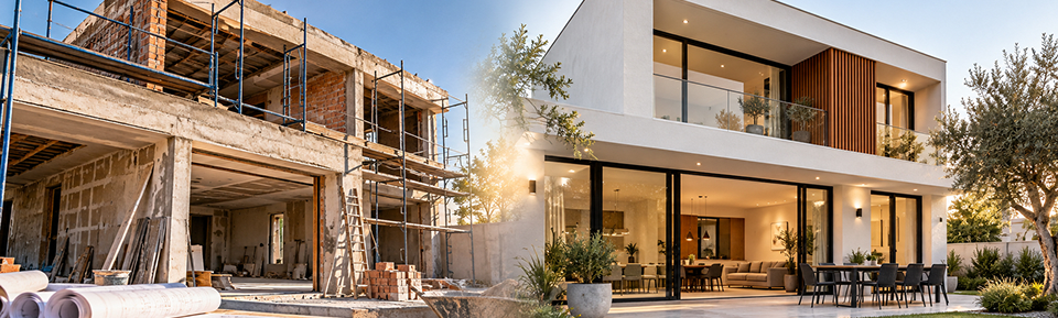 Casa reciclada tras una operación de flipping inmobiliario, junto a su etapa de obra
